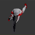 Woman in Black White Red Outfit Holding Weapon With Dynamic Strong Stance Against Gray Background