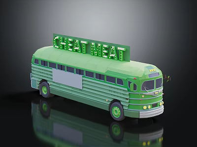 Green Vintage Bus With Illuminated Neon Sign Displaying GREAT MEAT On Top 3d model