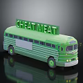 Green Vintage Bus With Illuminated Neon Sign Displaying GREAT MEAT On Top