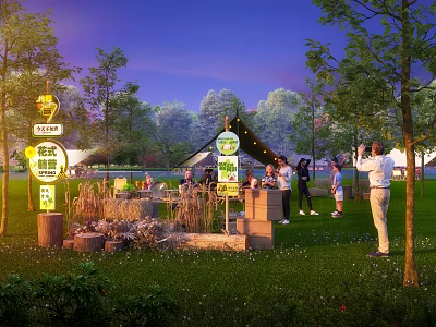 Outdoor Camping Scene With Tents Green Grassland And People Activities 3d model
