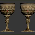 Sculpture Carving on Golden Goblets Featuring Intricate Patterns Red Gemstone Inlays and Ornate Stems