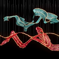 Artistic Modern Chandelier With Turquoise Red Curved Shapes Golden Trim Hanging By Slender Lines