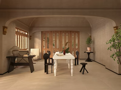 Elegant Luxury Restaurant Interior With Stylish Dining Tables Chairs And Decorative Plants 3d model