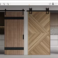 Wooden Barn Doors With Chevron Pattern And Black Strips In Modern Kitchen