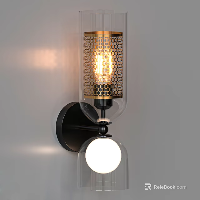 Modern Wall Light With Transparent Glass Shade Gold Accents And Black Base 3d model 