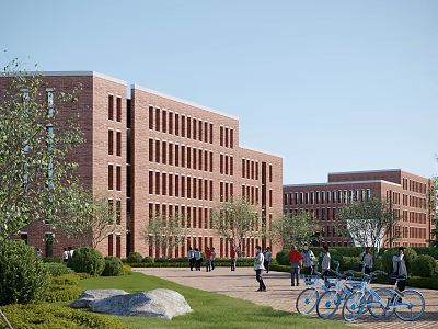 Red Brick Office Building with Green Lawn Trees People Walking and Bicycles 3d model