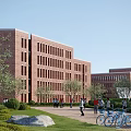 Red Brick Office Building with Green Lawn Trees People Walking and Bicycles