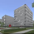 Modern Office Building With Unique Architectural Design Glass Curtain Walls Landscaped Areas And Sculpture