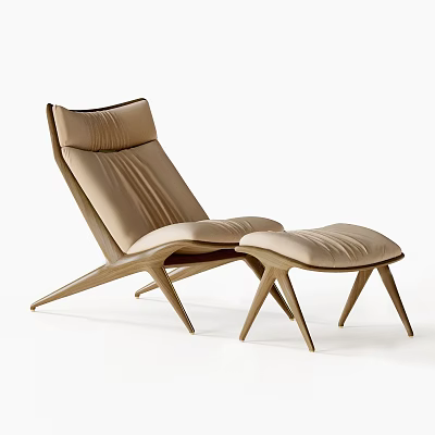Elegant Modern Lounge Chair With Beige Leather Upholstery And Wooden Frame Matching Ottoman 3d model