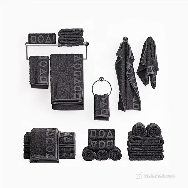 Black LOA Logo Soft Cotton Towel Set Featuring Bath Hand Towels and Washcloths 3d model 