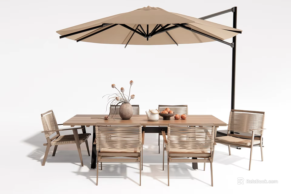 Outdoor Wooden Dining Table With Cantilever Umbrella Wicker Chairs And Decorative Vase 3d model 