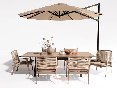 Outdoor Wooden Dining Table With Cantilever Umbrella Wicker Chairs And Decorative Vase 3d model