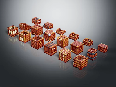Collection Of Assorted Wooden Crates With Various Designs And Decorative Details 3d model