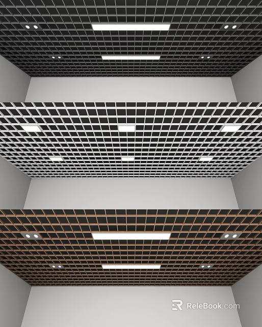 Modern Ceiling Design With Grid Square Tiles And Recessed Lighting Fixtures 3d model 