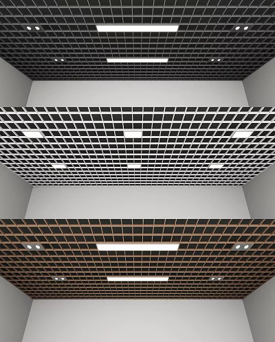 Modern Ceiling Design With Grid Square Tiles And Recessed Lighting Fixtures 3d model