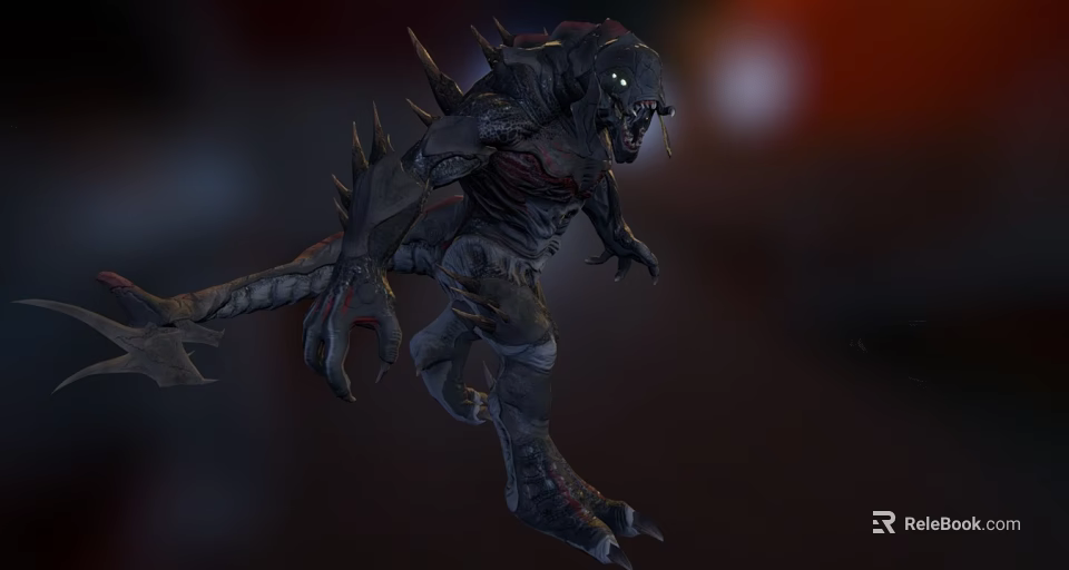 Fierce Monster Creature with Sharp Claws Spikes Armored Body Glowing Eyes and Tail Axe Weapon 3d model 