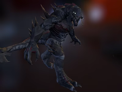 Fierce Monster Creature with Sharp Claws Spikes Armored Body Glowing Eyes and Tail Axe Weapon 3d model