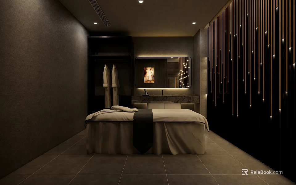 Elegant Modern SPA Sauna Room With Massage Bed Dark Walls Hanging Towels And Vertical Decorations 3d model 