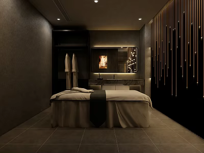 Elegant Modern SPA Sauna Room With Massage Bed Dark Walls Hanging Towels And Vertical Decorations 3d model