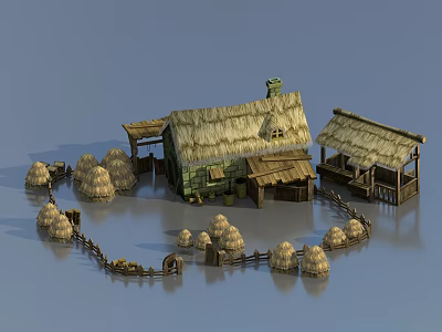 Traditional Thatched Cottage with Chimney Small Shed Haystacks and Wooden Fence 3d model