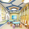 Vibrant Kindergarten Interior With Hexagon Ceiling Lights Yellow Walls Gear Decor And Colorful Tables