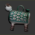 Intricate Animal Sculpture With Green Body Red White Patterns Colorful Legs And Decorative Ring Handle