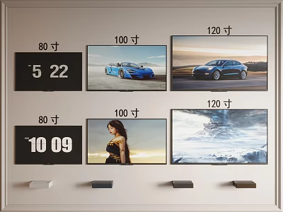 Various Size Televisions Featuring 80 Inch 100 Inch 120 Inch with Different Screen Contents 3d model