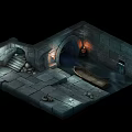 Cartoon Style Stone Cave Scene with Stone Stairs Torches Small Boat and Water Surface