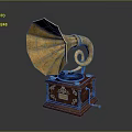 Vintage Gramophone With Golden Horn Wooden Base And Decorative Turntable