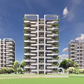 Modern Residential Building Exterior Design With Balconies Greenery Glass And Metal Structure
