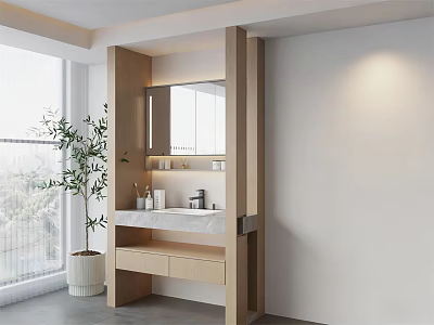 Modern Minimalist Bathroom Vanity With Wooden Frame Marble Countertop Mirror Toiletries And Potted Plant 3d model