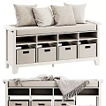 Modern White Storage Cabinet with Multiple Fabric Baskets and Soft Linen Pillows