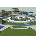 Park Landscape Layout with Circular Paths Round Building and Water Features 3d model