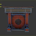 Traditional Chinese Entrance Gate With Red Doors Circular Pattern And Decorative Roof