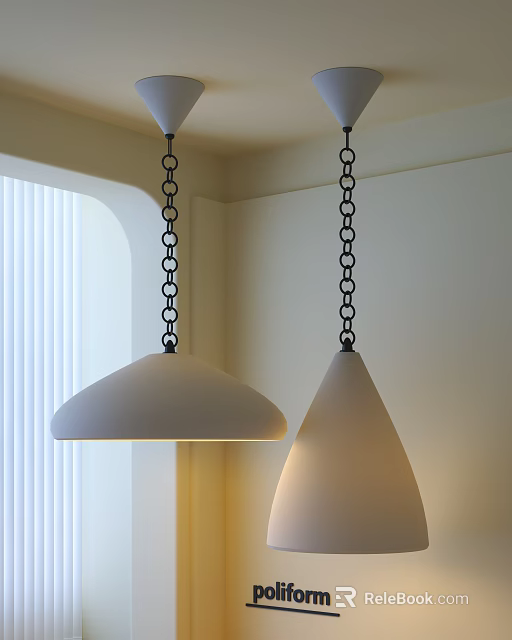 Two Modern White Pendant Lights Dome and Teardrop Shaped with Black Chain in Indoor Interior 3d model 