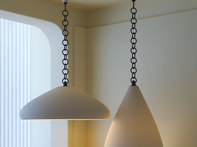 Two Modern White Pendant Lights Dome and Teardrop Shaped with Black Chain in Indoor Interior 3d model
