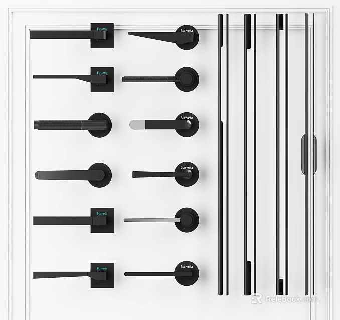 Various Modern Black Door Handles Displayed On White Panel With Different Designs 3d model 