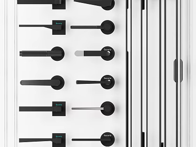 Various Modern Black Door Handles Displayed On White Panel With Different Designs 3d model