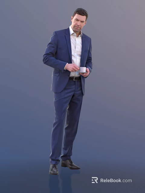 Man in Blue Suit Holding White Cup Standing Against Gray Background 3d model 