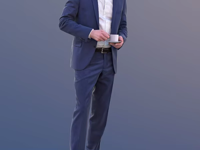 Man in Blue Suit Holding White Cup Standing Against Gray Background 3d model