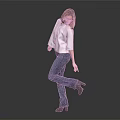 Blonde Woman In White Top Blue Jeans Lifting One Leg Against Gray Black Gradient Background