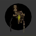 Brown Lego Style Robot Figure With Yellow Headlight Holding Blaster on Black Base Mechanical Design