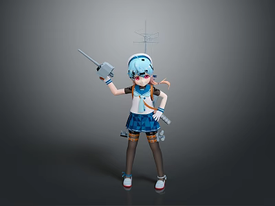 Child Wearing Blue Hat With Antenna Holding Toy Gun In Blue Dress Standing 3d model