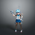 Child Wearing Blue Hat With Antenna Holding Toy Gun In Blue Dress Standing