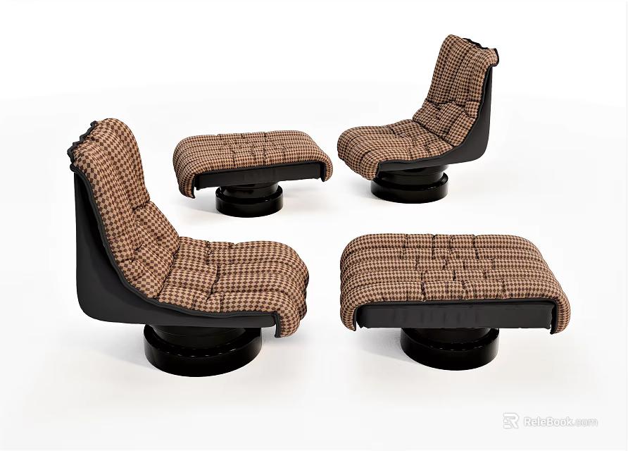 Modern Single Sofas With Plaid Fabric And Matching Ottomans On Black Bases 3d model 
