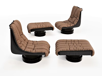 Modern Single Sofas With Plaid Fabric And Matching Ottomans On Black Bases 3d model
