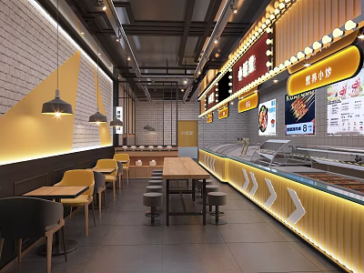 Modern Restaurant Interior With Open Kitchen Tables Chairs Pendant Lights And Menu Boards 3d model