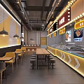 Modern Restaurant Interior With Open Kitchen Tables Chairs Pendant Lights And Menu Boards