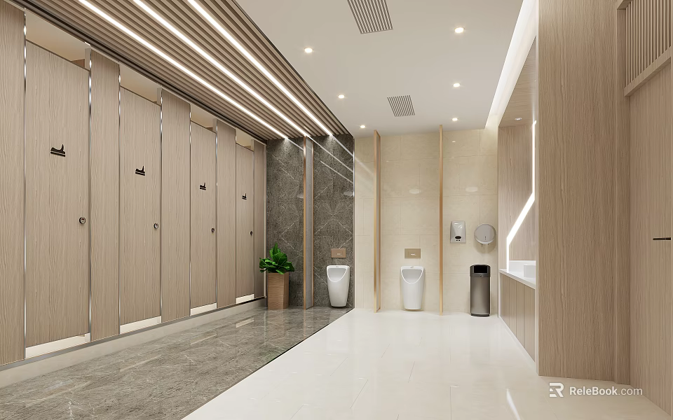 Bright Modern Public Restroom Interior With Clean Stalls Washbasin Urinals And Green Plant 3d model 