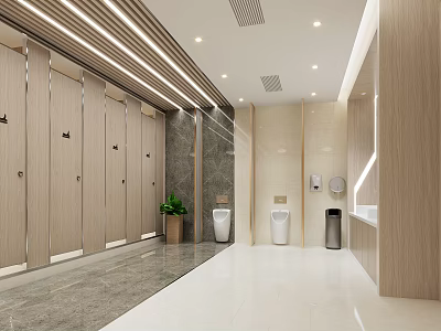 Bright Modern Public Restroom Interior With Clean Stalls Washbasin Urinals And Green Plant 3d model